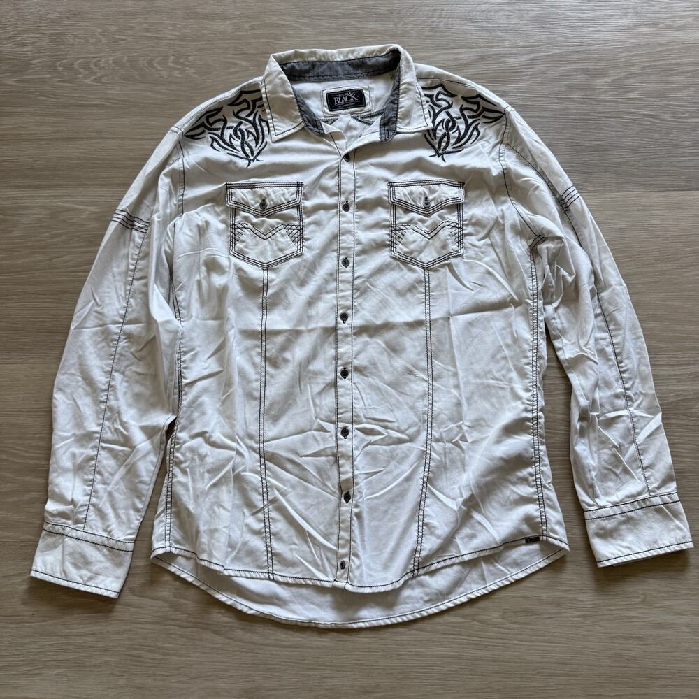 Buckle Black Button Down Mens XL White Stretch Athletic Fit Embroidered Tribal